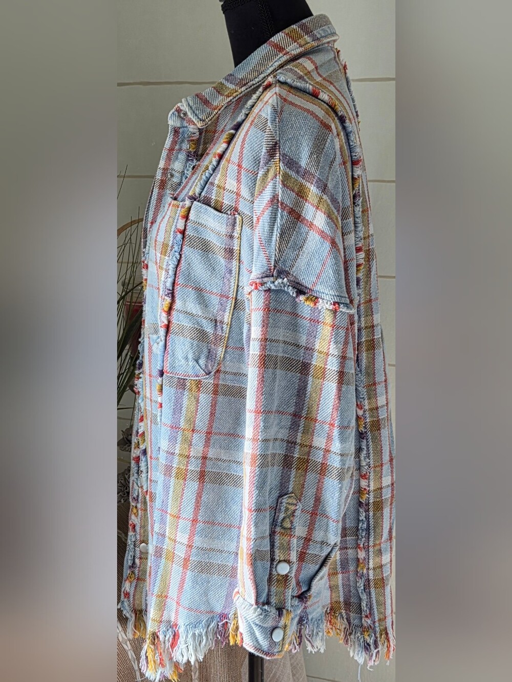 Oli Hali Blue Plaid Fringe Boho Shacket POL Oversize Western Blanket Jacket L